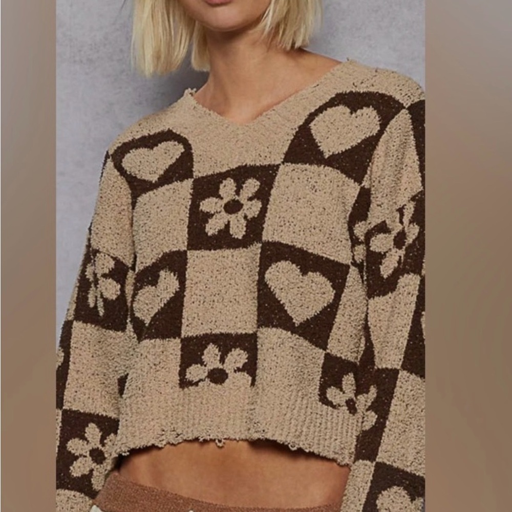 POL Heart and Flower Pattern Sweater - Brown and Cream
